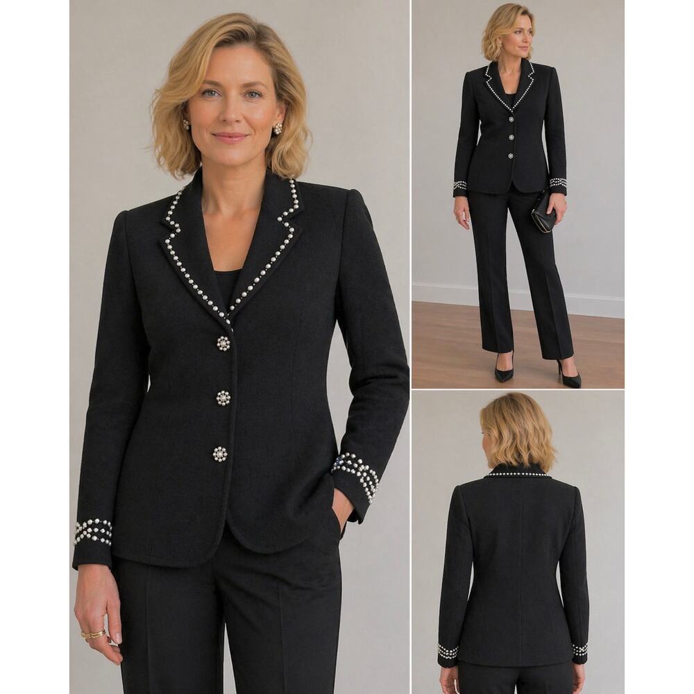 St. John Evening Santana Knit Pearl Button Down Jacket Black Size 4 Old Money - Picture 2 of 11